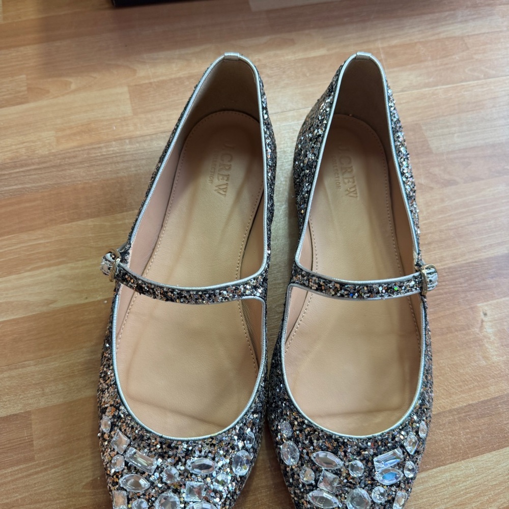 J.Crew Mary Jane flats embellished silver,bronze glitter & rhinestones size 8.5 - Picture 7 of 12